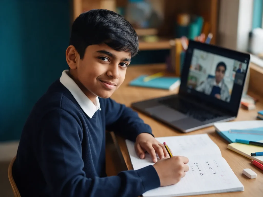 A student in a navy jumper working through algebra