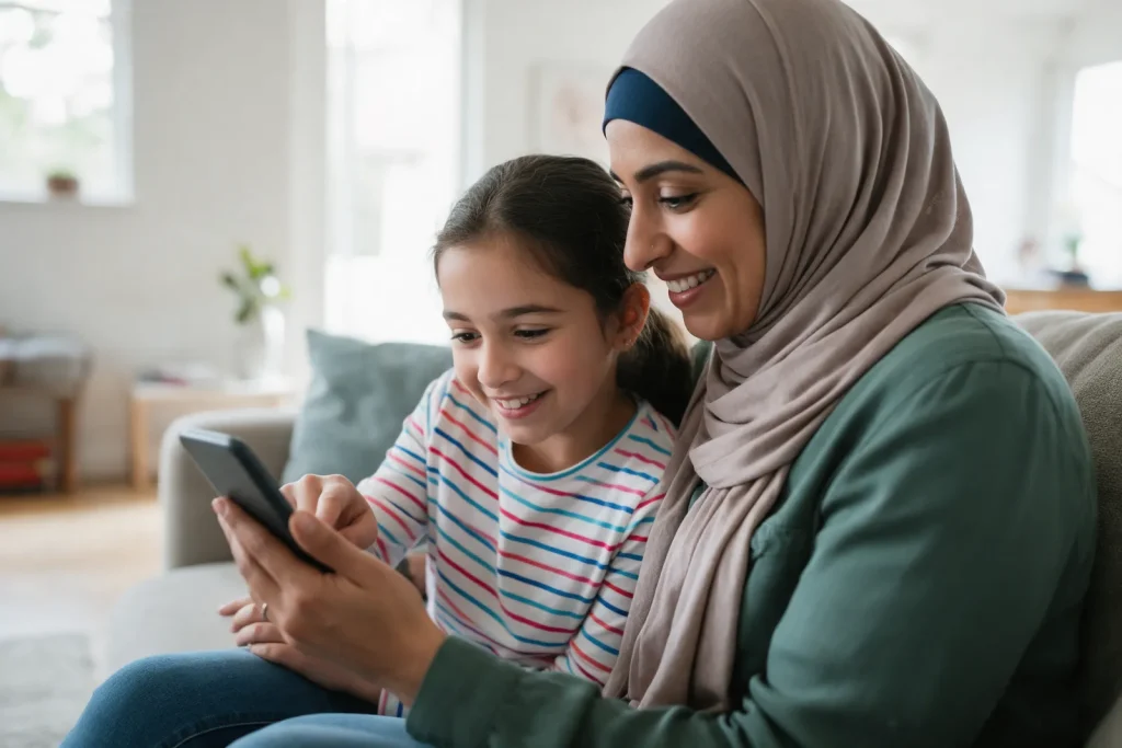 A mother in a hijab and her daughter smiling at a progress update on a phone