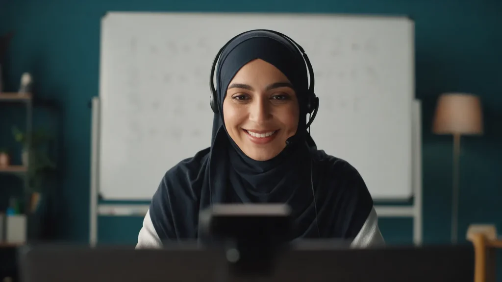 A teacher in a hijab teaching a live online lesson with a headset
